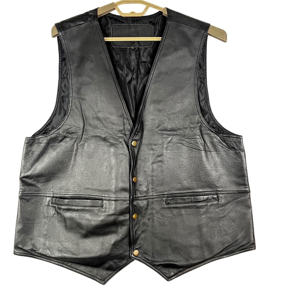 Roman Leather Collection Vest Mens XL Black Biker Motorcycle Snap Front V-Neck